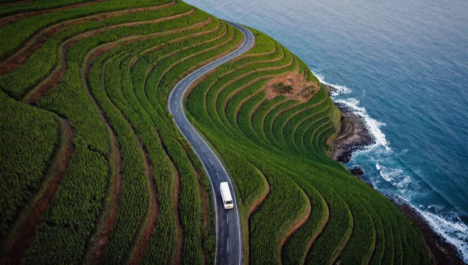 Aerial view of a coastal road winding through Bali rice terraces toward the ocean