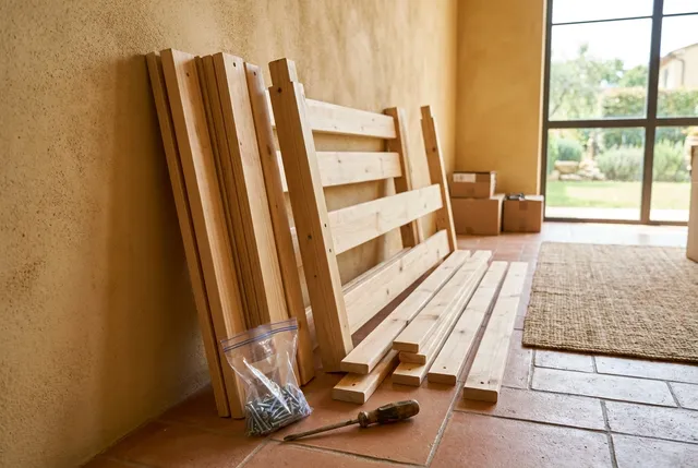 Mover disassembling a bed frame with tools during a furniture move in Bali