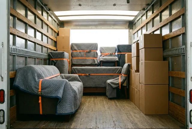 Moving truck loaded with wrapped furniture for an apartment move in Bali