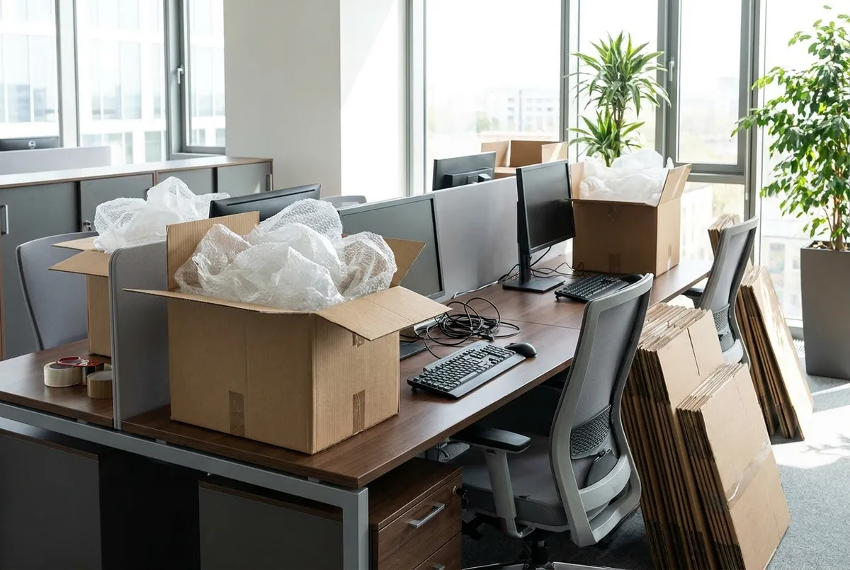 Office desks and computer equipment packed and labelled for relocation in Bali
