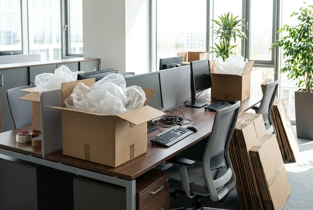 Office desks and equipment being packed for relocation in Bali