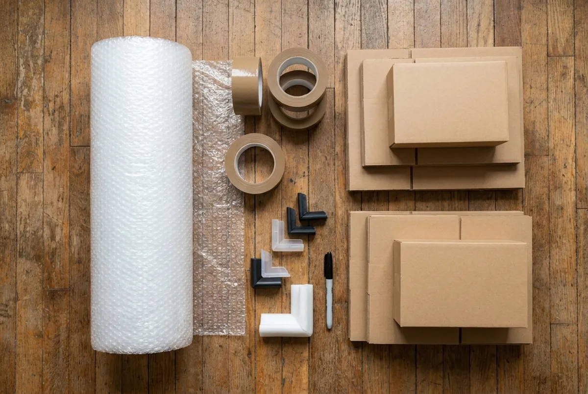 Moving boxes, bubble wrap and packing tape prepared for a packing service in Bali