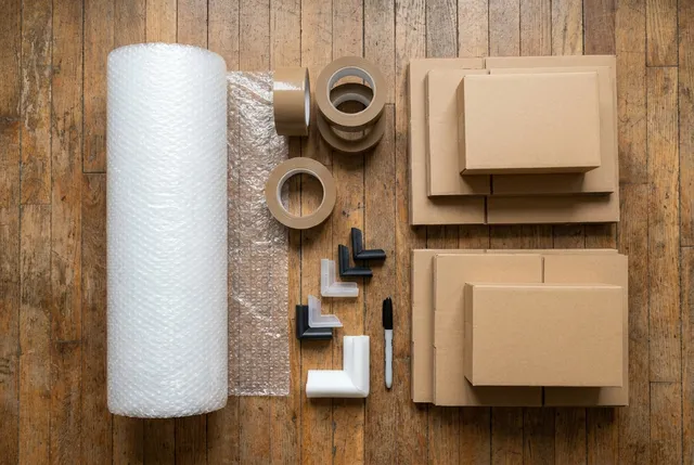 Professional packing materials — boxes, bubble wrap and tape for a Bali move