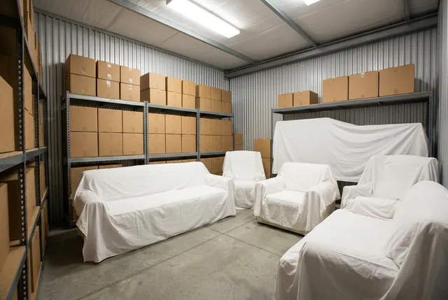Wrapped furniture and labelled boxes stored in a clean storage facility in Bali