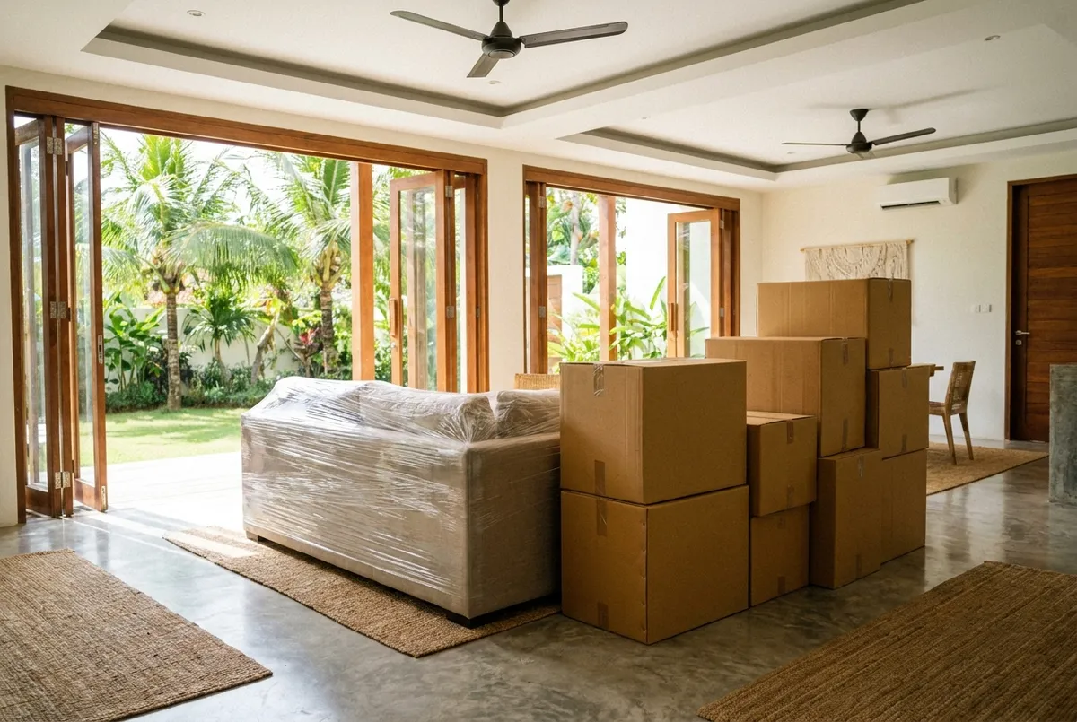 Packed boxes and blanket-wrapped furniture ready for a villa move in Bali